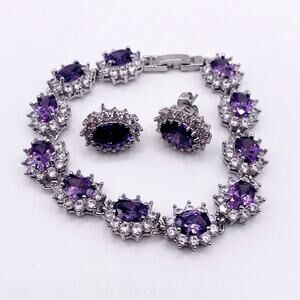 High Quality Rhodium and Silver Plated Bracelet and Studs Earrings-Lab Amethyst